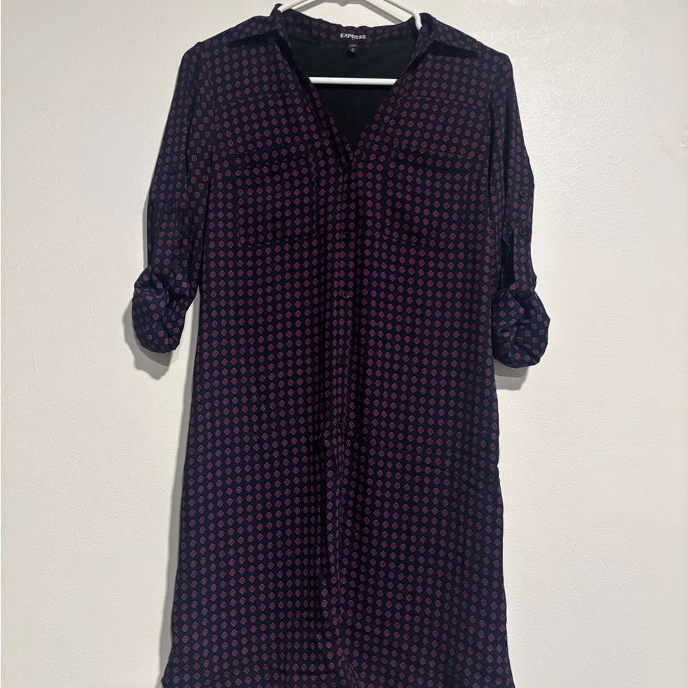 Express Navy and Purple Geo-Print Long Sleeve Shirt Dress